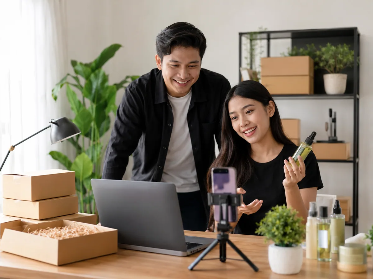 Ilustrasi affiliate marketing: konten media sosial dengan tautan khusus yang menghasilkan komisi penjualan
