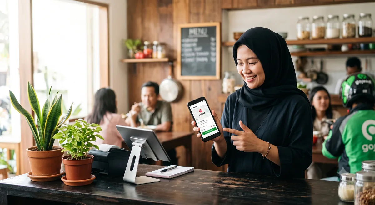 Pemilik warung makan kecil menerima pesanan GoFood melalui aplikasi GoBiz di smartphone