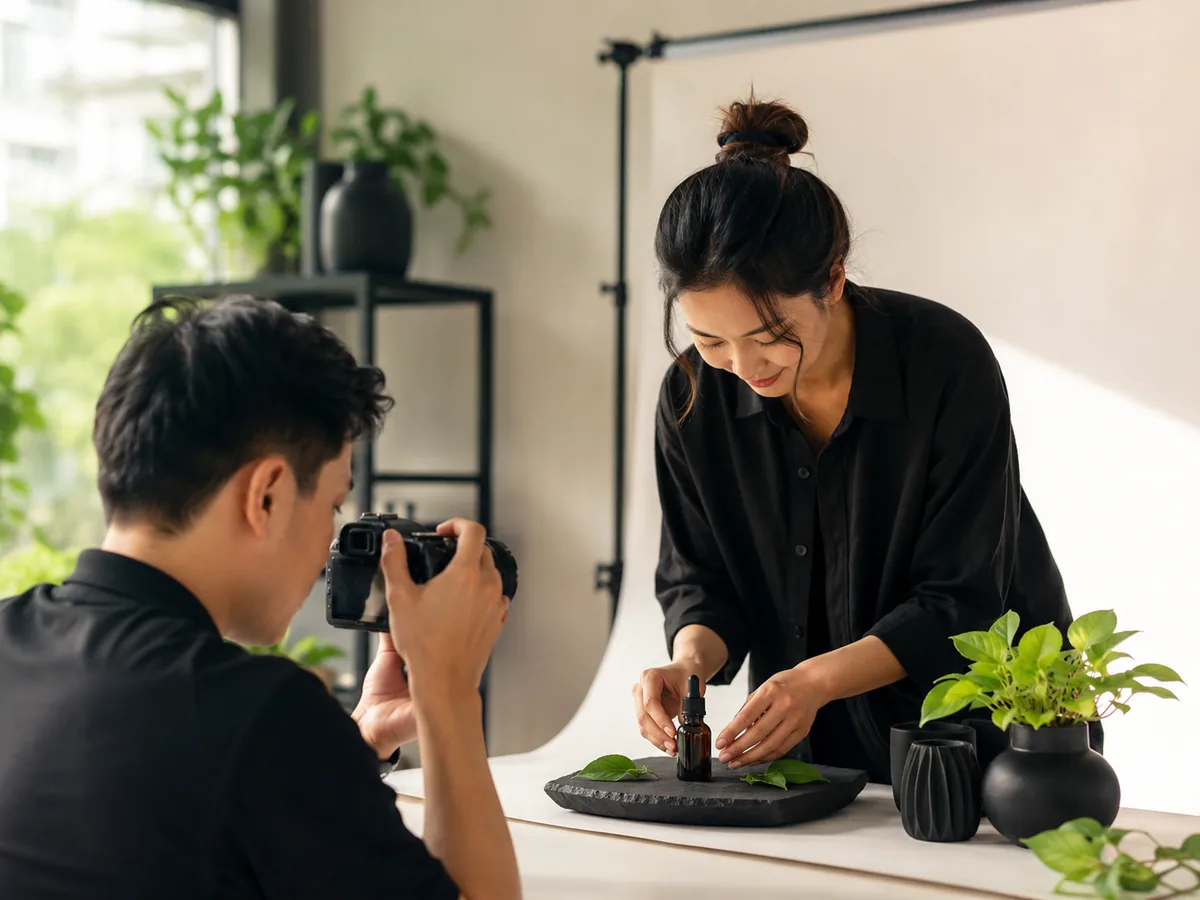 Pengambilan foto produk dengan pencahayaan alami dan latar polos untuk toko online