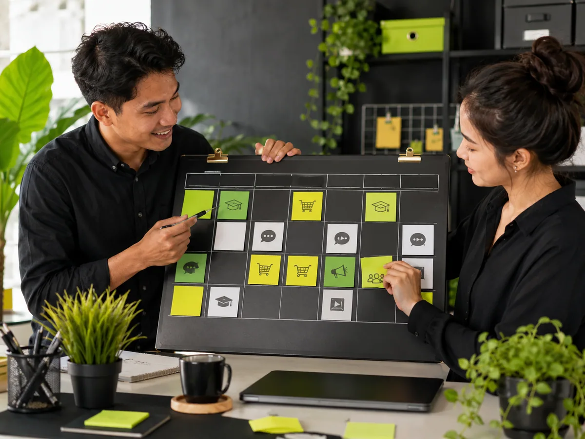 Contoh kalender konten media sosial bisnis mingguan dengan pembagian pilar konten edukasi, promosi, dan interaksi