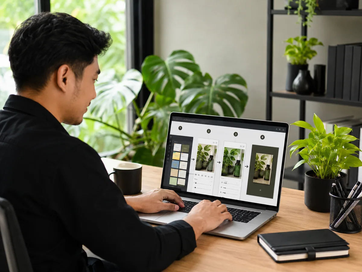 Alur langkah dasar membuat desain di Canva untuk bisnis dari memilih template sampai mengunduh hasil