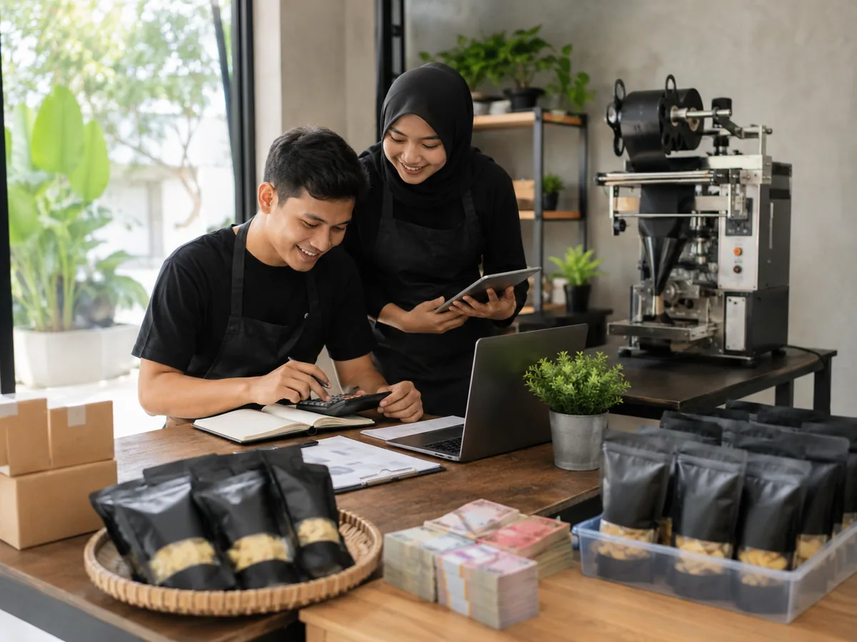 Ilustrasi contoh perhitungan ROI investasi bisnis dari pembelian mesin dengan modal, pendapatan, dan keuntungan bersih