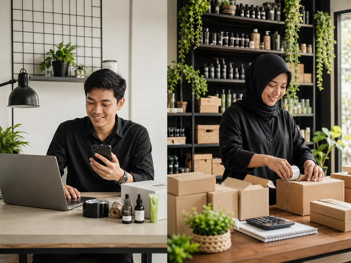 Ilustrasi perbandingan model bisnis dropshipper dan reseller dari sisi modal, stok, dan margin keuntungan