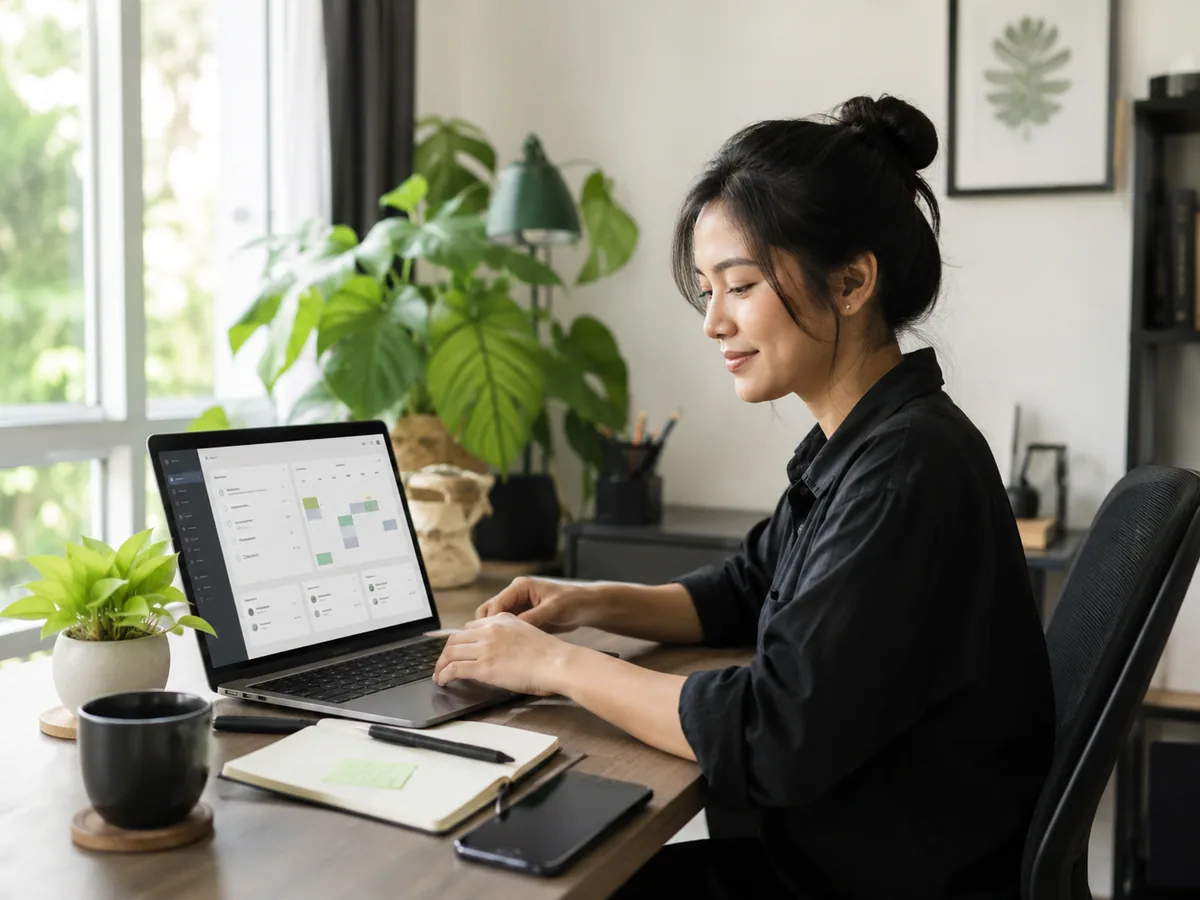 Ilustrasi seorang virtual assistant bekerja dari rumah menggunakan laptop dan aplikasi manajemen tugas