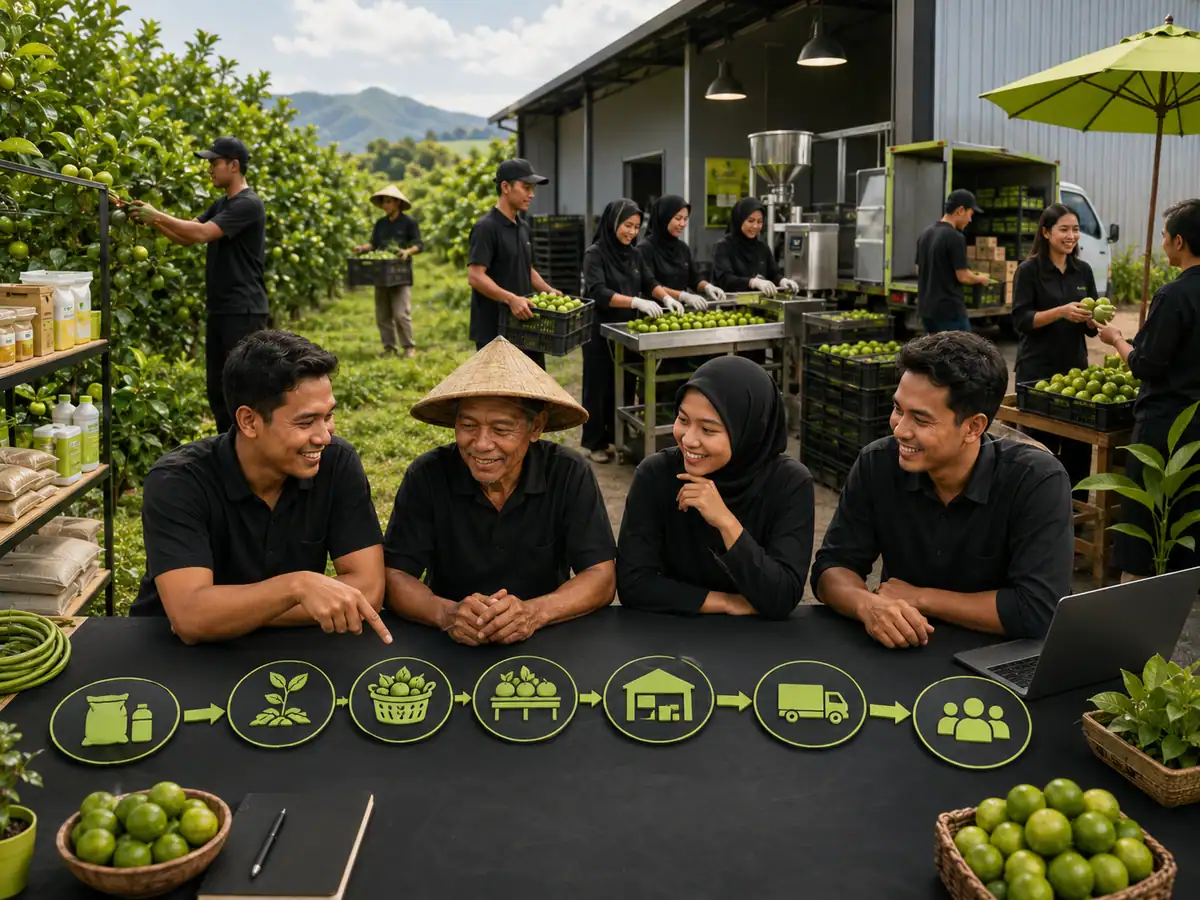 Diagram rantai pasok pertanian dari sarana produksi hingga pemasaran hasil melalui koperasi
