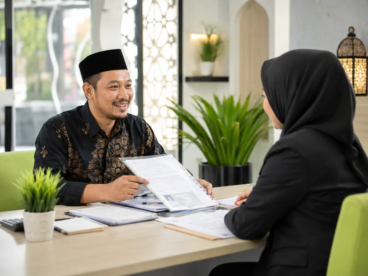 Pelaku UMKM mengajukan KUR Syariah di kantor bank syariah dengan dokumen usaha
