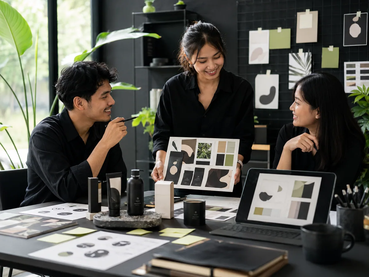 Elemen inti sebuah brand produk: nama, logo, identitas visual, tone of voice, dan positioning