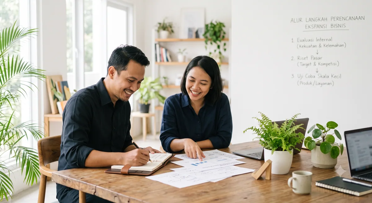 Alur langkah perencanaan ekspansi bisnis dari evaluasi internal, riset pasar, sampai uji coba skala kecil
