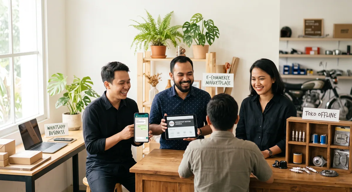 Tiga jalur pemasaran usaha sparepart motor: toko offline, marketplace, dan WhatsApp