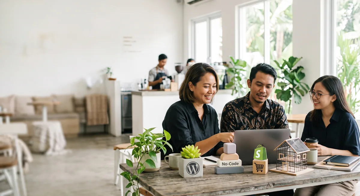 Empat pilihan platform membuat web UMKM: WordPress, no-code, Shopify, dan website custom